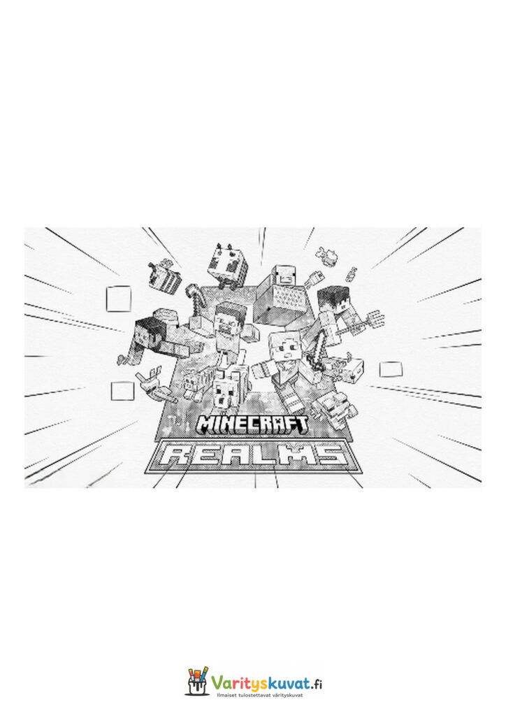 Minecraft Realms -logo ja Minecraft-hahmot muodostavat vauhdikkaan ryhmäkuvan.