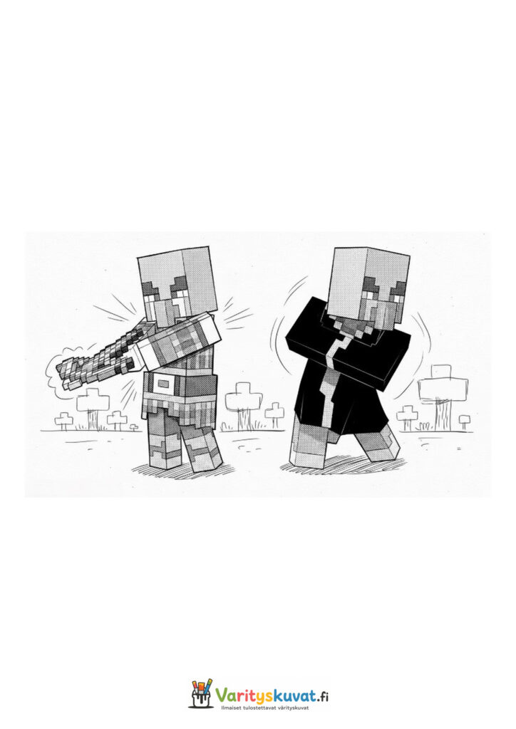 Kaksi Minecraftin vihamielistä kyläläishahmoa seisoo rinnakkain, toisella on ase.