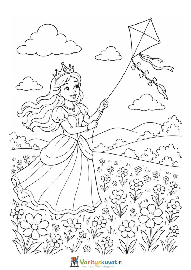 Prinsessa lennättää leijaa kukkaniityllä linnan lähellä värityskuva