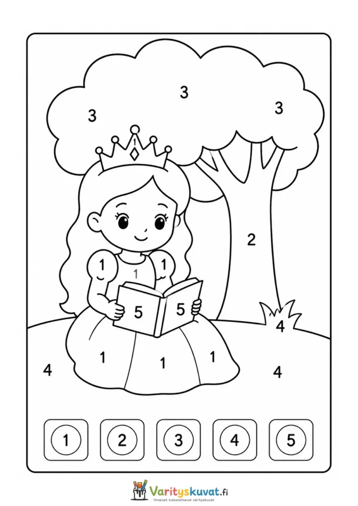 Prinsessa lukee kirjaa puun alla väritys numeroiden mukaan -tehtävä