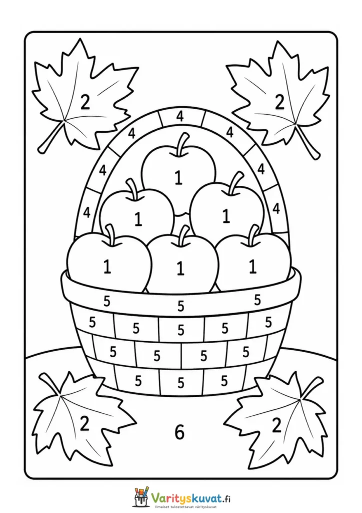 Syksyn väritys numeroiden mukaan -tehtävä, aiheena omenakori ja lehdet.