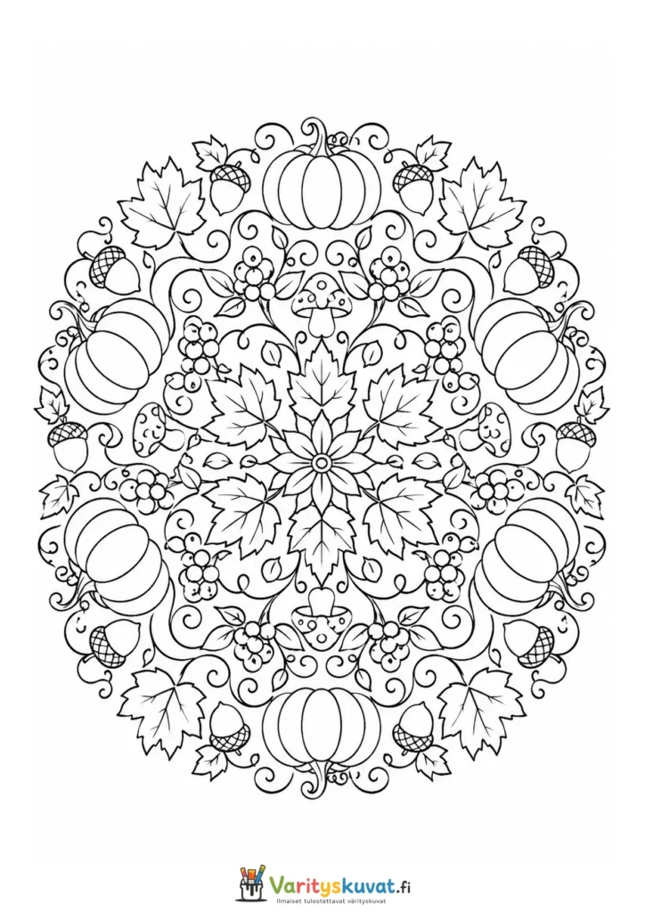 Syksyn värityskuva, aiheena kurpitsa mandala.