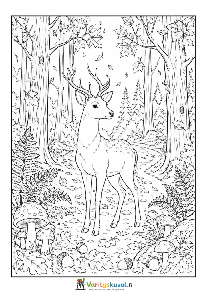 Syksyn värityskuva, aiheena peura metsäaukiolla.